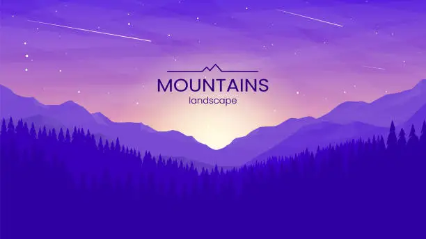 Vector illustration of Mountains and hills on the background of the evening sky.