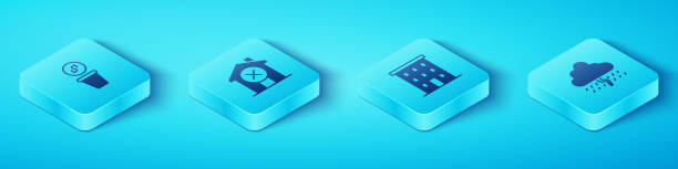 istock Set Isometric Donation money, No house, Cloud with rain and Multi storey building icon. Vector 1770192194