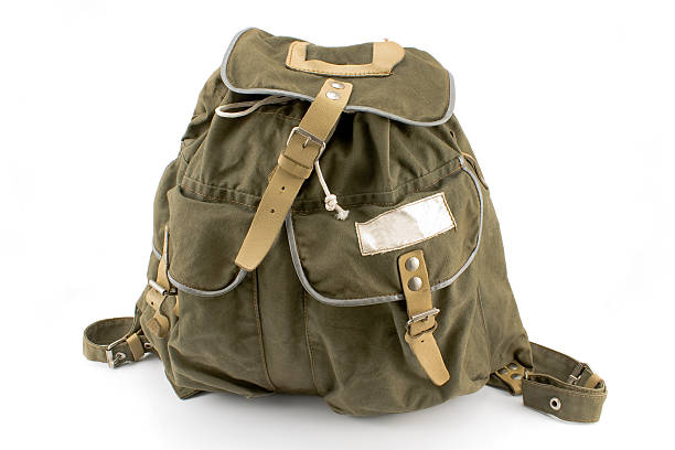 istock Green beige canvas backpack with tan straps 177020484