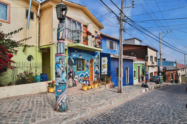 Valparaiso, Chile - 30 Dec 2019: The vintage house in Valparaiso, Pacific coast, Chile
