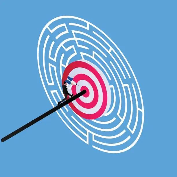 Vector illustration of Businessman finds entrance to target in maze