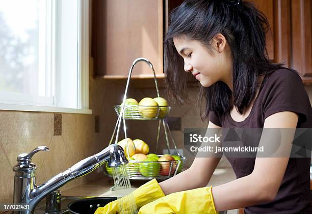 Teen Girl Washing Dishes At Kitchen Sink Stock Photo - Download Image Now - Assistance, Teenager, Washing Dishes