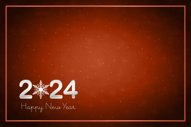 Vector illustration of Silver metallic colored three dimensional or 3D text 2024 and Happy New Year on dark brown or maroon or coke cola brown horizontal copper color bordered festive glowing glittering backgrounds for greeting cards, posters and banners with a snowflake shape