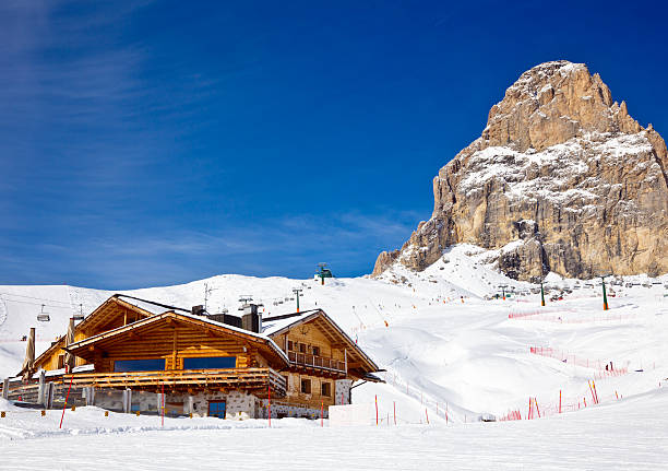 ski resort - dolomites ski lift winter ski track stock-fotos und bilder