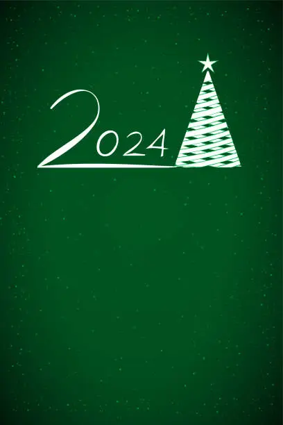 Vector illustration of White colored crisscross design Christmas tree with a star at the top over a vibrant dark green glittery vertical Xmas festive vector backgrounds with text 2024 for Happy New year
