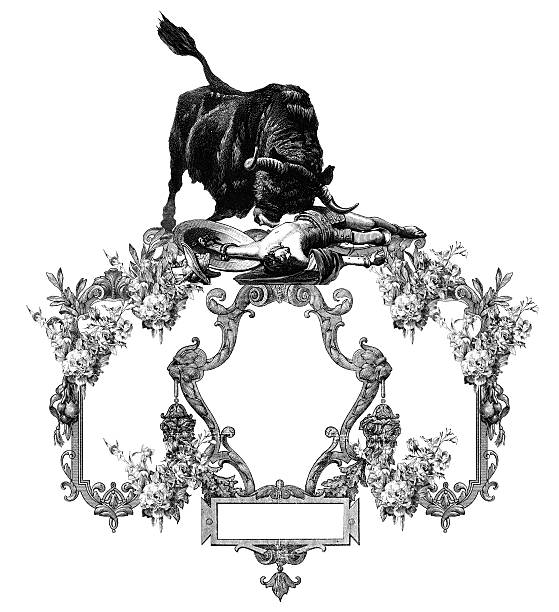 Old Frame Luxurious Victorian frame with gladiator and bull. ancient roman helmets pictures stock illustrations