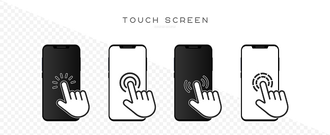 Set of hand touch screen smartphone icons. Hand click, press touch screen. Vector illustration
