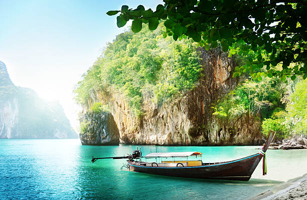 istock long boat on island in Thailand 177022476