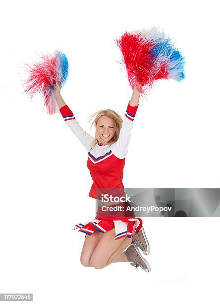 Sorridente Bonito Chefe Da Claque Com Pompons - Fotografias de stock e mais imagens de Chefe da Claque - Chefe da Claque, Figura para recortar, Adolescente