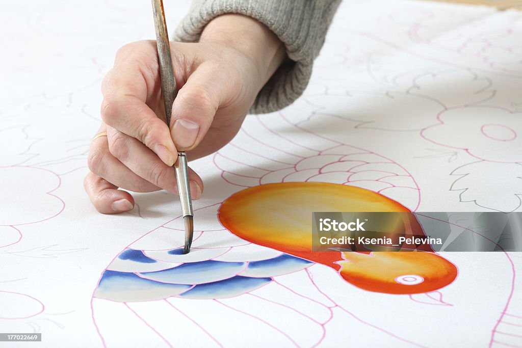 women hand painted silk "painting on fabric, women's hands at work" Painting - Activity Stock Photo