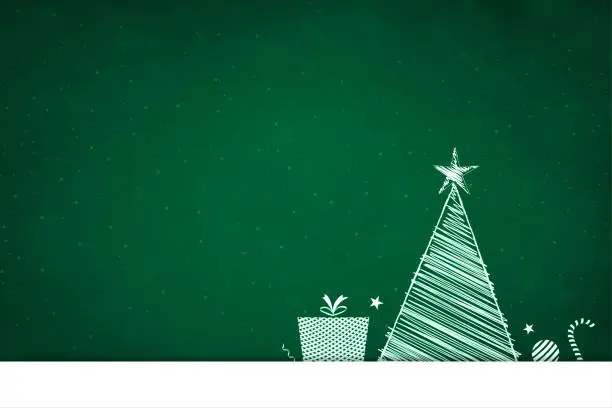 Vector illustration of A white coloured triangle shaped scribbled Christmas tree over a dark green color xmas backgrounds with a star at the top and candy cane baubles and one gift box lined up at the bottom