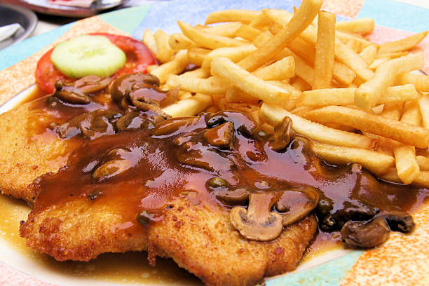 Plate of traditional schitzel with gravy and fries