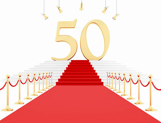 fiftieth anniversary fiftieth anniversary on the red carpet with red carpet isolated on white-rendering fiftieth stock pictures, royalty-free photos & images