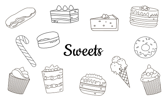 Set of various doodle sweets on a white background, silhouette of confectionery