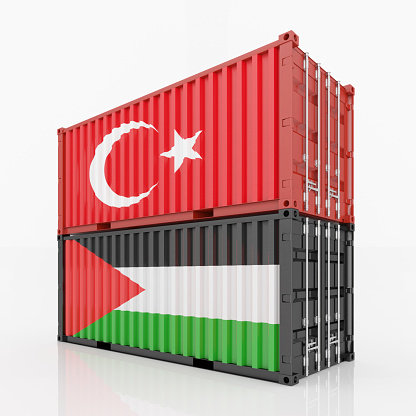 Turkiye and Palastine Import Export or Aid Concept with Cargo Containers in Turkish Flag and Palastine Flag. 3D Render