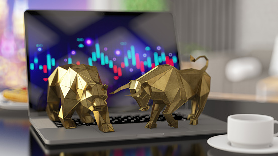 Bullish and Bearish Market Concept Laptop with a Financial Chart on Screen. 3D Render