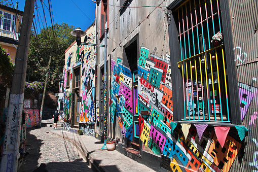 Valparaiso, Chile - 30 Dec 2019: The vintage street with art in Valparaiso, Pacific coast, Chile