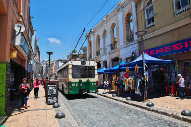 Valparaiso, Chile - 30 Dec 2019: Trolleybus in Valparaiso, Pacific coast, Chile