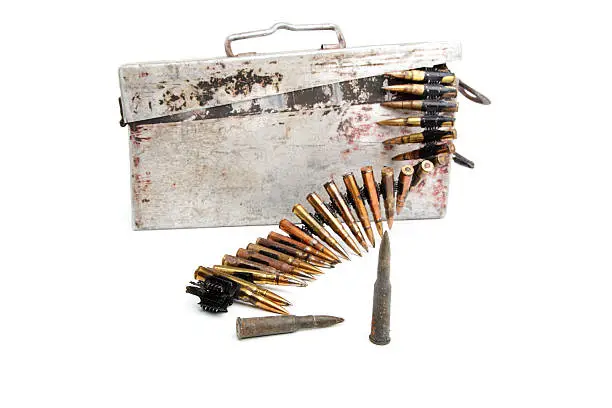 Machine-gun tape with cartridges of times  Second World War on a white background