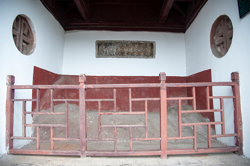 Sleeping Immortal Pavilion, ancient calligraphy inscriptions above ancient stone bed, Dongpo Red Cliff, Hubei, China.