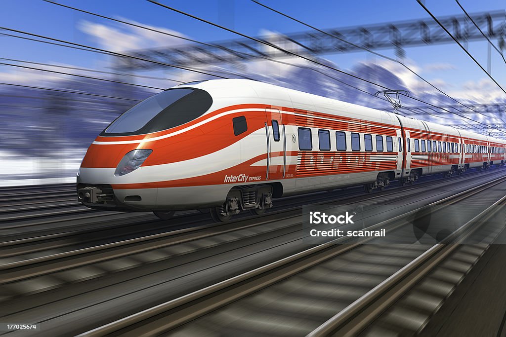 Nowoczesny wysokiej prędkości pociągu z rozmycia w ruchu - Zbiór zdjęć royalty-free (Kolej dużych prędkości)