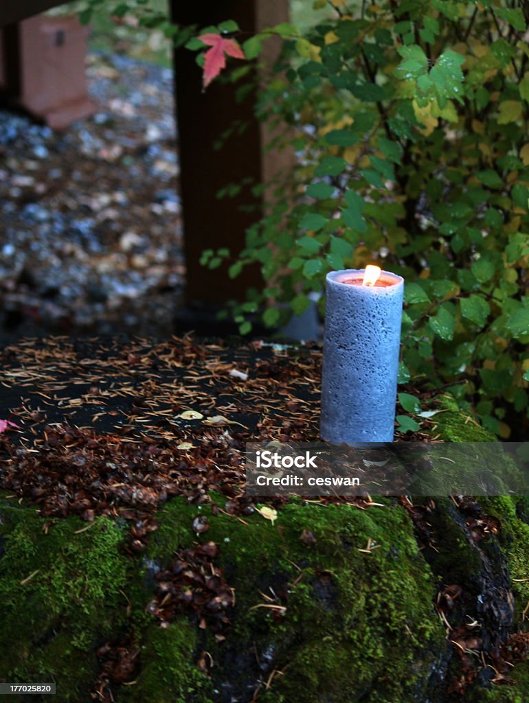Candle in the Woods - a Memorial a blue candle with its yellow flame is seen in the woods - a memorial Backgrounds Stock Photo
