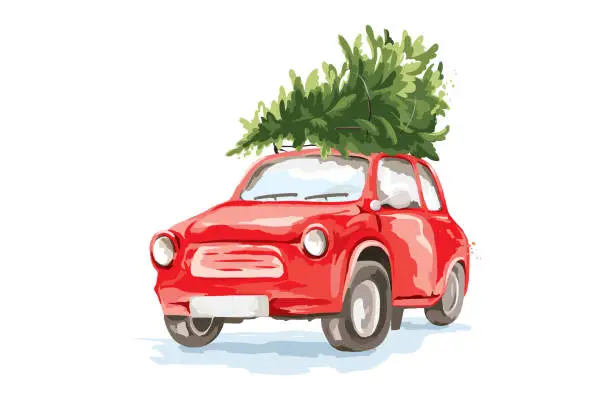 Vector illustration of Red retro car with a christmas tree in the trunk on the roof.