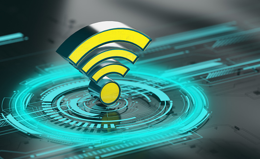 Futuristic  wi-fi symbol. Signal app, connection sign, neon lights. 3d rendering. Wireless networking digital hi tech innovation concept, free internet zone and hotspot.