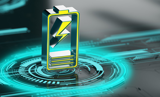 Electrical energy concept design.Battery symbol on dark futuristic circle circuit board background.Energy Efficiency. 3d render