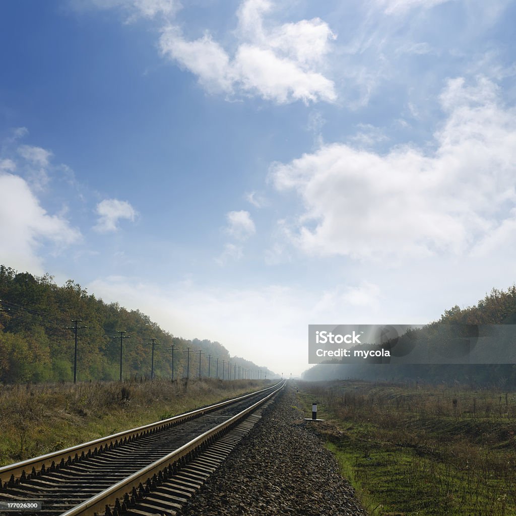 railroad en niebla al horizonte - Foto de stock de Acero libre de derechos