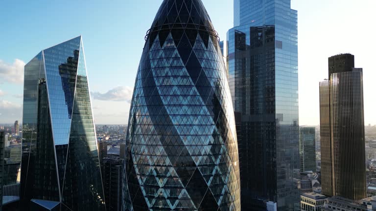 Drone view of The Gherkin building (30 St Mary Axe), London, England, UK