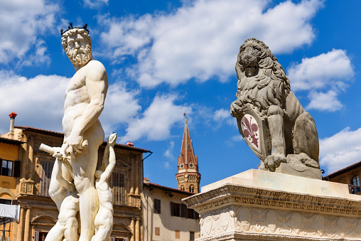 Florence, Italy - June 28, 2023: Fountain of Neptune, Piazza Della Signoria, Florence, Italy,