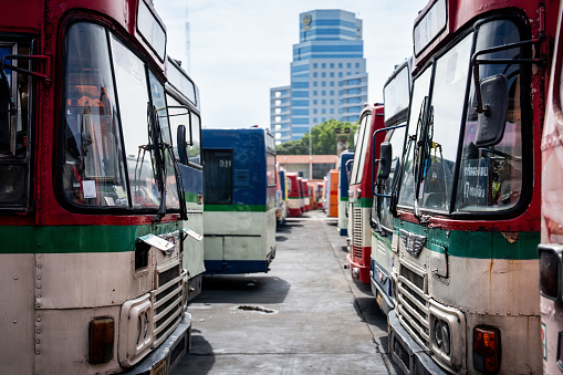 BMTA (Bangkok Metropolitan Transportation Authority) buses are seen parked at Bus Hub #4 in Khlong Toey. Daily life in Bangkok, Thailand, as the newly elected Pheu Thai Party Government, led by Prime Minister Srettha Thavisin, struggles to attract more international tourism to the Kingdom with additional visa waiver schemes for travelers from Russia, India, China, and Taiwan.