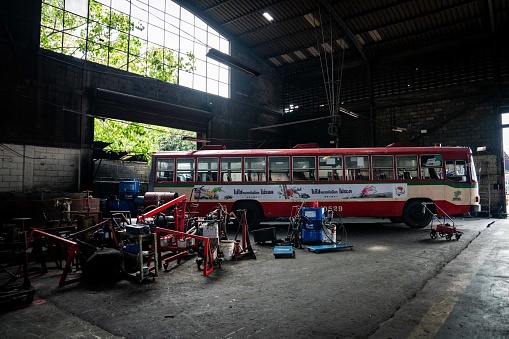 A BMTA (Bangkok Metropolitan Transportation Authority) bus is seen parked in the repair center at Bus Hub #4 in Khlong Toey. Daily life in Bangkok, Thailand, as the newly elected Pheu Thai Party Government, led by Prime Minister Srettha Thavisin, struggles to attract more international tourism to the Kingdom with additional visa waiver schemes for travelers from Russia, India, China, and Taiwan.