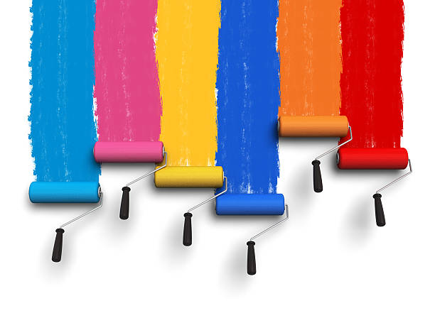 kreatywność koncepcja: wałek szczotki i kolor ze szlakami farby - paint brushing house painter wall zdjęcia i obrazy z banku zdjęć