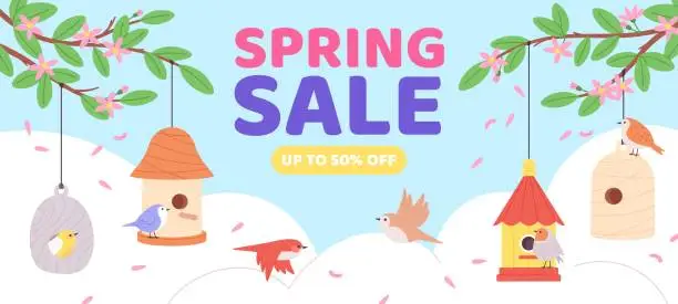 Vector illustration of Seasonal sale banner with birdhouses and flat birds. Hello spring flyer design, discount in store poster. Wooden birdhouse racy vector background