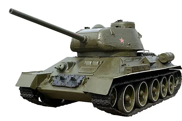 Soviet tank T-34-85 of the second world war. Isolated with clipping path. The tank was made from 1944 to 1946.