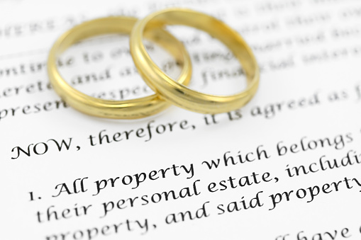 Form of prenuptial agreement with a pair of wedding rings. Shallow DOF on the word PROPERTY.