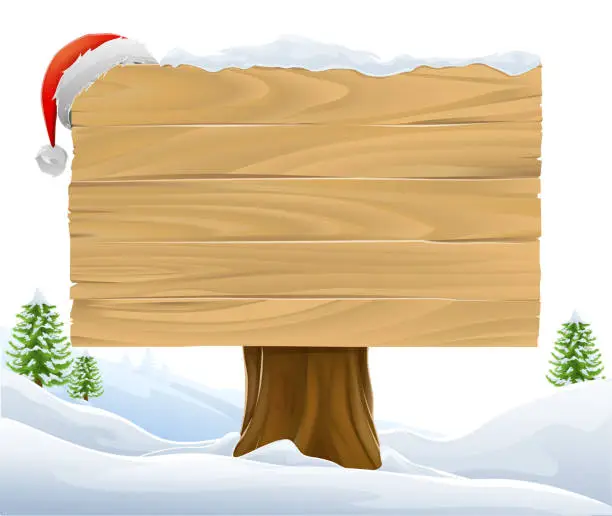 Vector illustration of Santa Hat Christmas Cartoon Wooden Sign