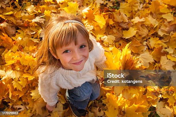 Foto de Menina Com Folhas De Outono e mais fotos de stock de Alegria - Alegria, Amarelo, Bouquet