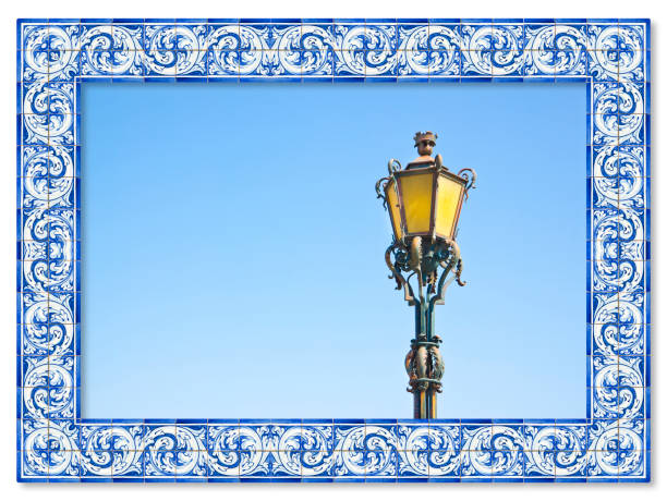 Typical classic portuguese streetlight - image with copy space - Azulejos frame concept