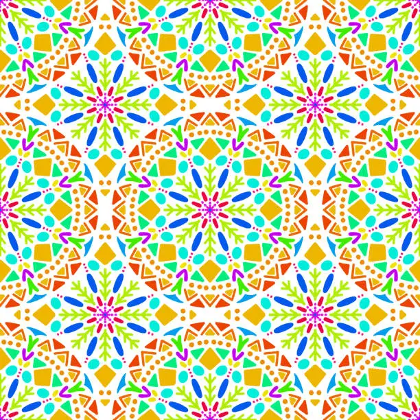 Vector illustration of Watercolor Multi Colored Morrocco Tile Seamless Pattern. Geometric Floral Background. Seamless Vector tile pattern, Lisbon Arabic Floral Mosaic, Mediterranean Seamless Ornament.