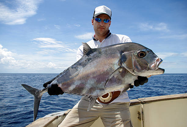Trevally jack Happy fisherman holding a trevally jack caranx stock pictures, royalty-free photos & images