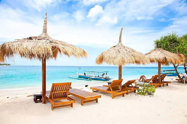 "Beach rest pavillion in Gili islands, Meno, Indonesia"