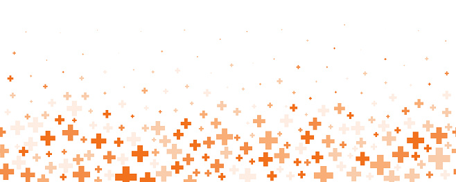 Medical cross and plus background. Abstract seamless orange background for hospital and pharmacy. Geometrical shapes ornament on border. Vector backdrop.