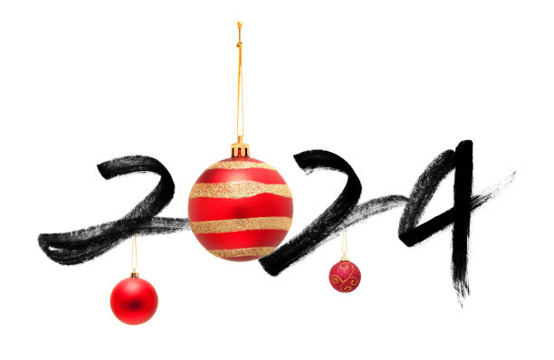 Year of 2024 with brush strokes and christmas bauble isolated Year of 2024 with brush strokes and christmas bauble isolated on white. december calligraphy stock pictures, royalty-free photos & images
