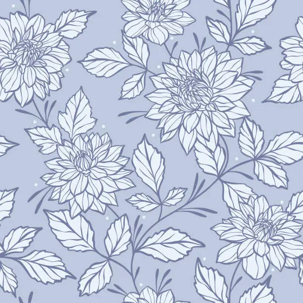 Vector illustration of Elegant blue floral vector pattern with dahlia illustrations, flower background with a winter color theme. Large print monochromatic botanical textile or wallpaper design, seamless repeat tile.