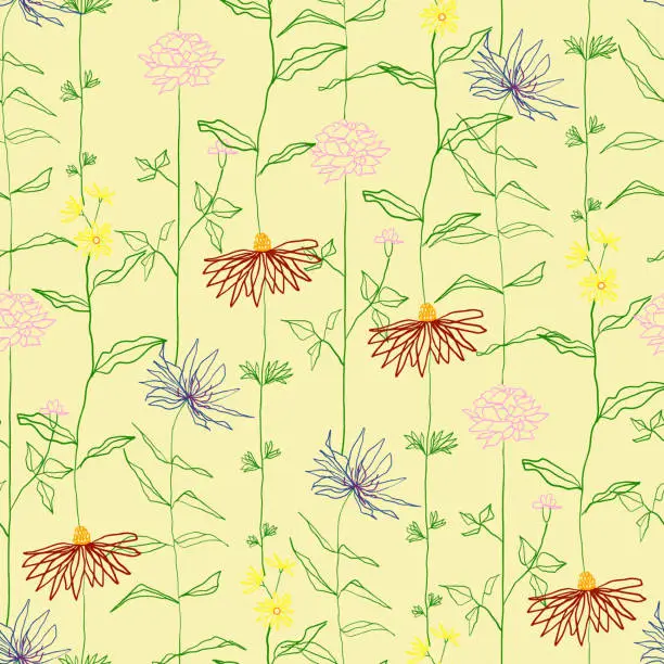 Vector illustration of Hand Drawn Floral Seamless Pattern with Flowers and Leaves. Acrylic Painting Floral Pattern. Design Element for Greeting Cards and Wedding, Birthday and other Holiday and Invitation Cards.