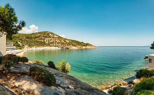 The bay at Toska resort near Kavala town. Greece, Europe.