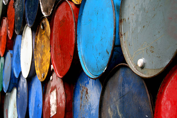 Colored oil barrels stacked on top of each other
